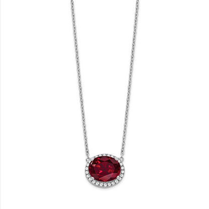 14k White Gold Oval Created Ruby/Real Diamond 18in. Halo Necklace