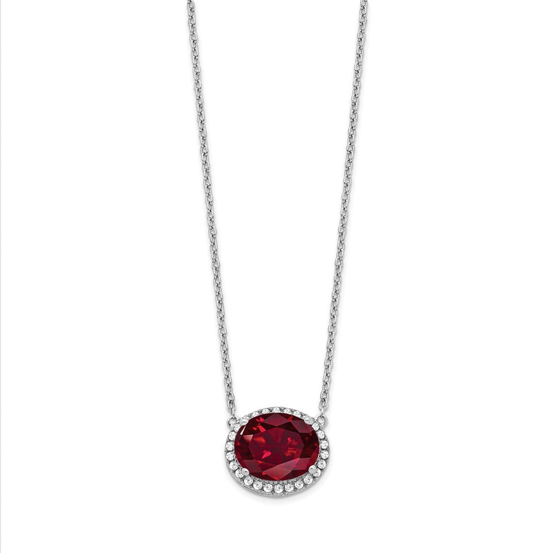 14k White Gold Oval Created Ruby/Real Diamond 18in. Halo Necklace