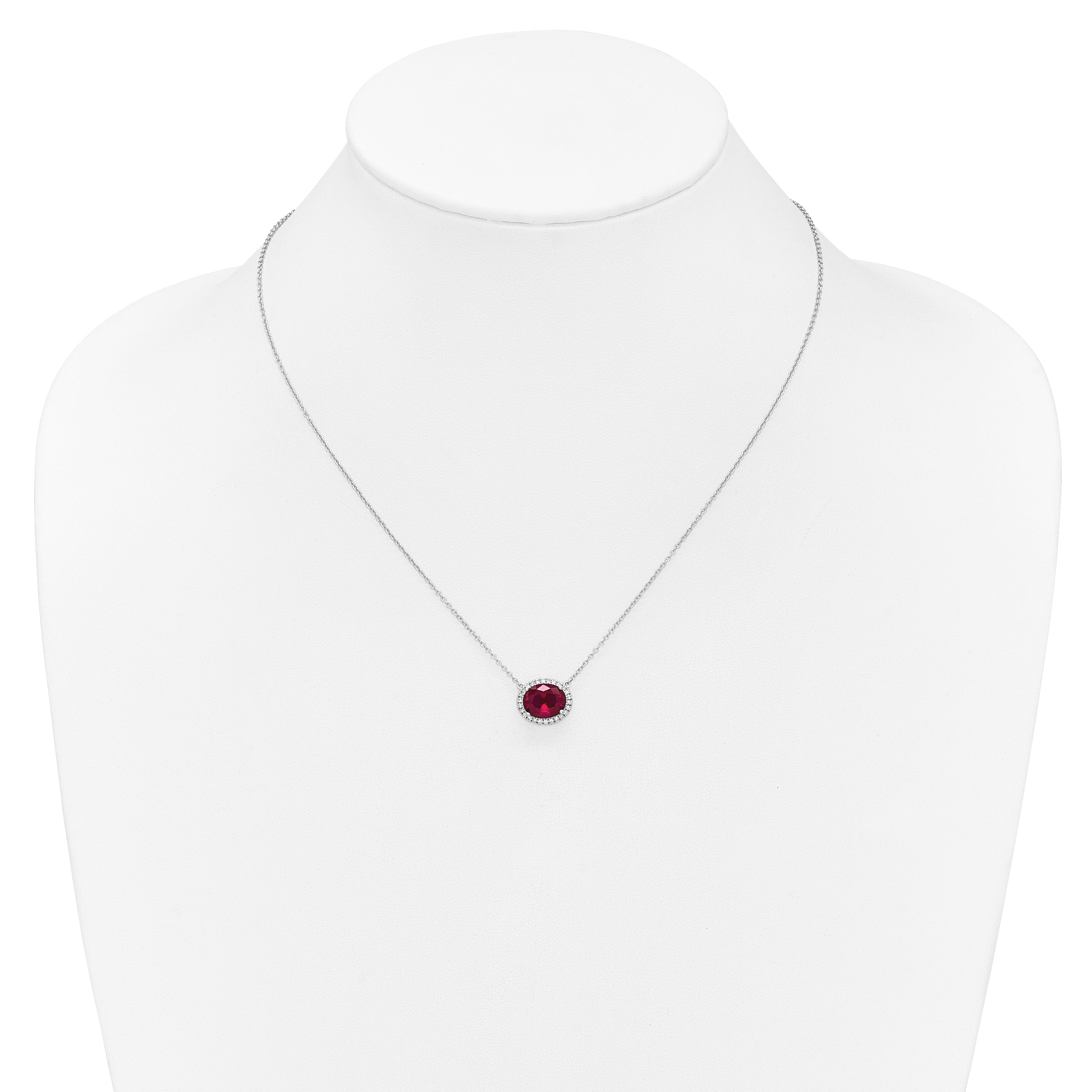 14k White Gold Oval Created Ruby/Real Diamond 18in. Halo Necklace