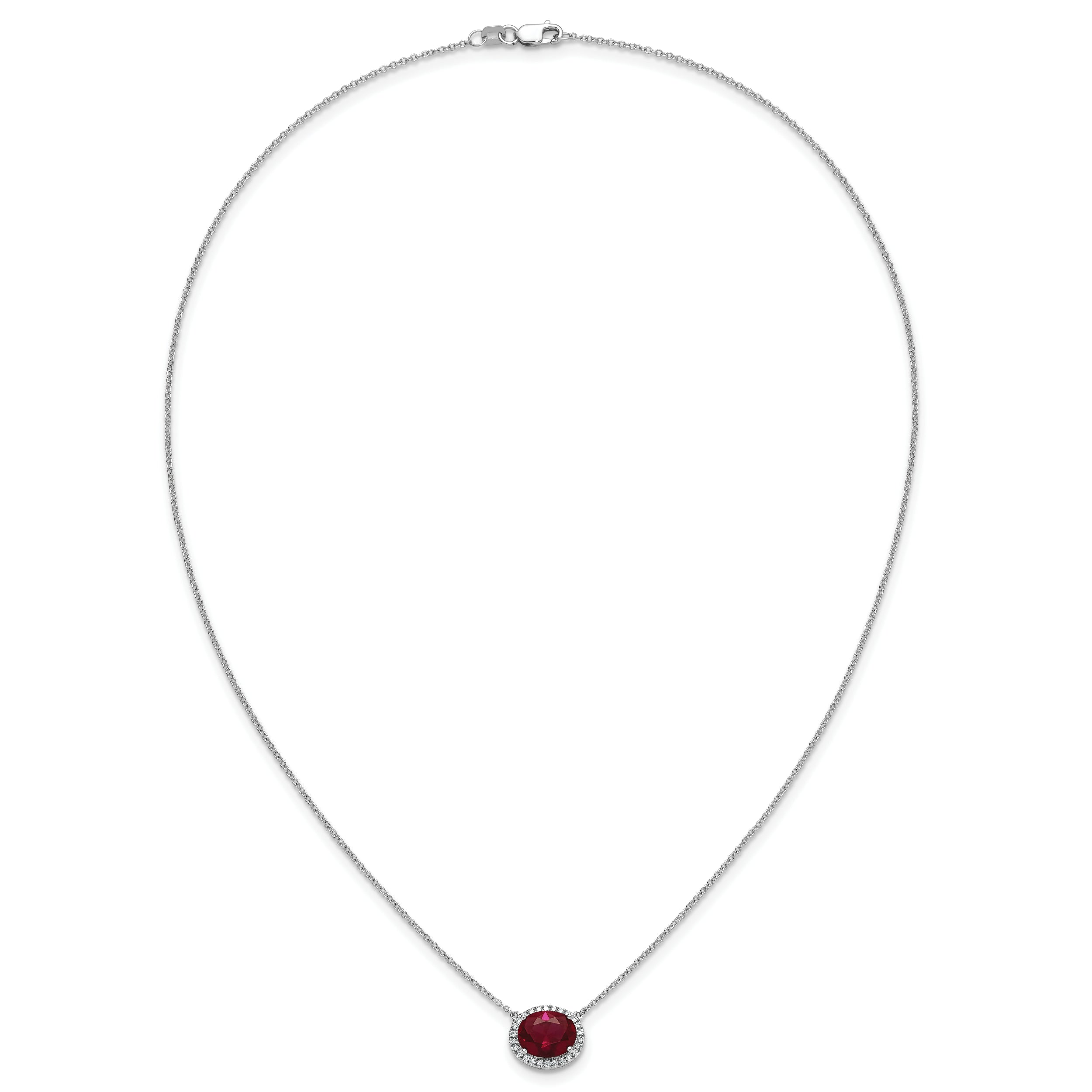14k White Gold Oval Created Ruby/Real Diamond 18in. Halo Necklace