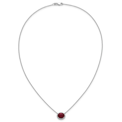 14k White Gold Oval Created Ruby/Real Diamond 18in. Halo Necklace