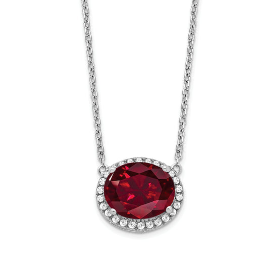 14k White Gold Oval Created Ruby/Real Diamond 18in. Halo Necklace