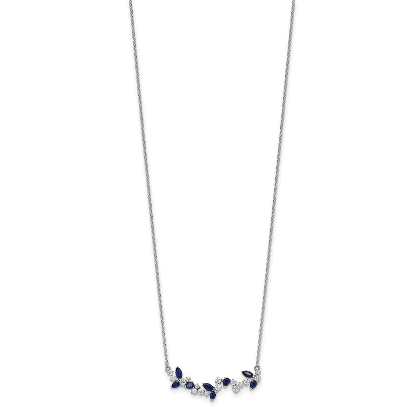 14k White Gold Sapphire and Real Diamond 18in. Floral Bar Necklace