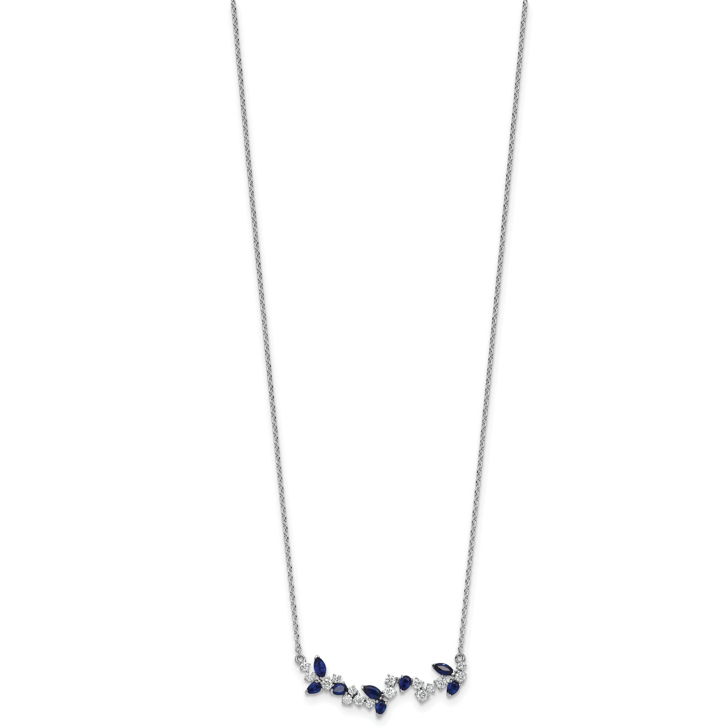 14k White Gold Sapphire and Real Diamond 18in. Floral Bar Necklace