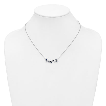 14K White Gold Lab Grown VS/SI FGH Diamond and Created Blue Sapphire Floral Bar Neck