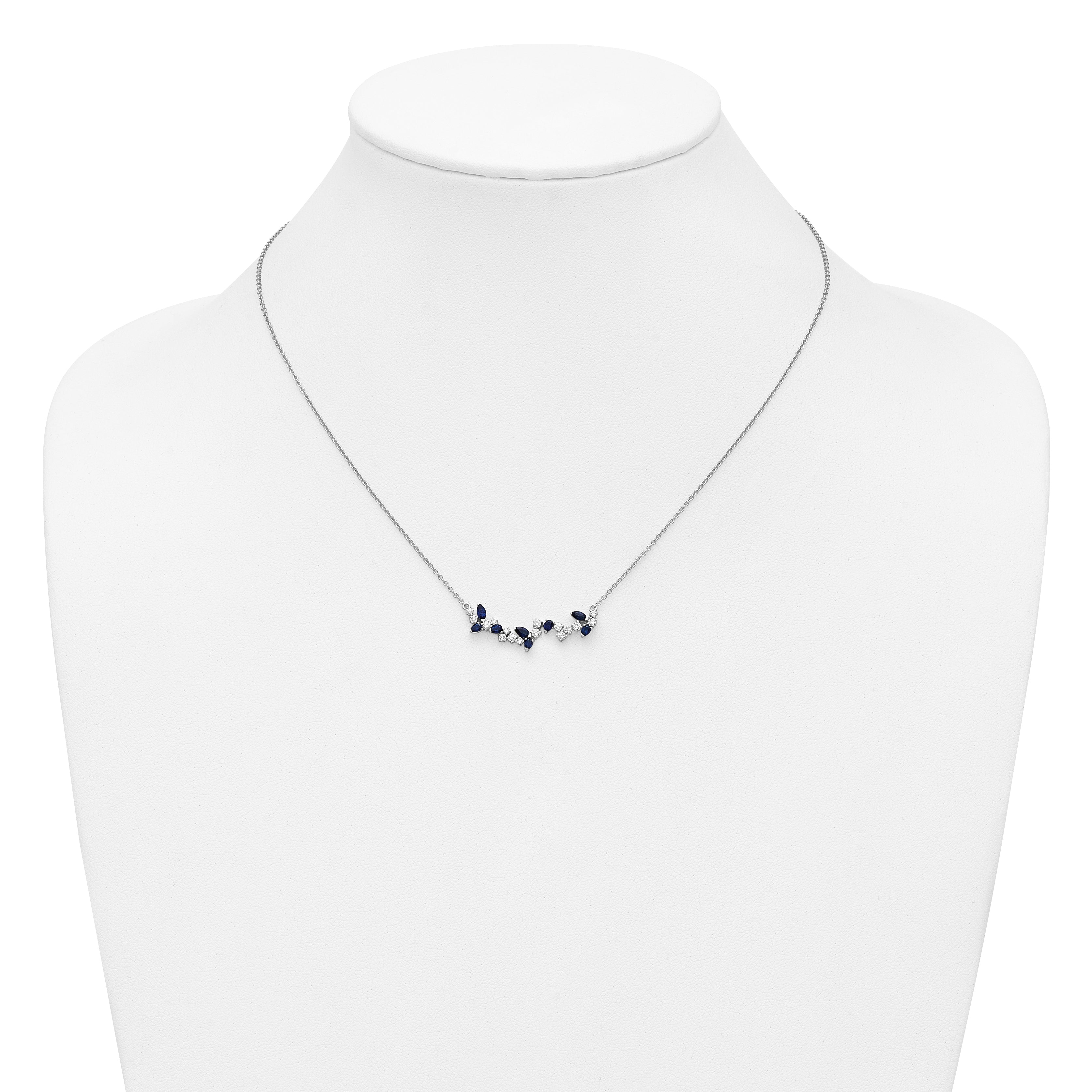 14k White Gold Sapphire and Real Diamond 18in. Floral Bar Necklace