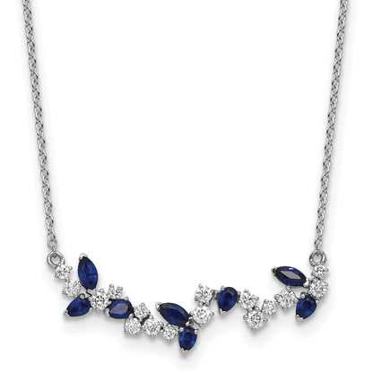 14k White Gold Sapphire and Real Diamond 18in. Floral Bar Necklace