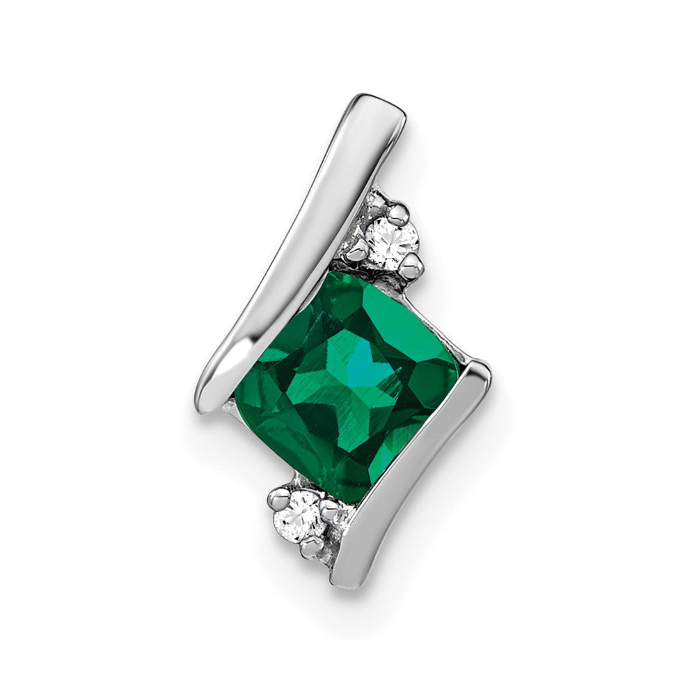 14K White Gold Cushion Cr. Emerald and Diamond Chain Slide