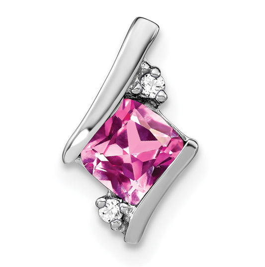 10K White Gold Cushion Cr. Pink Sapphire And Diamond Chain Slide
