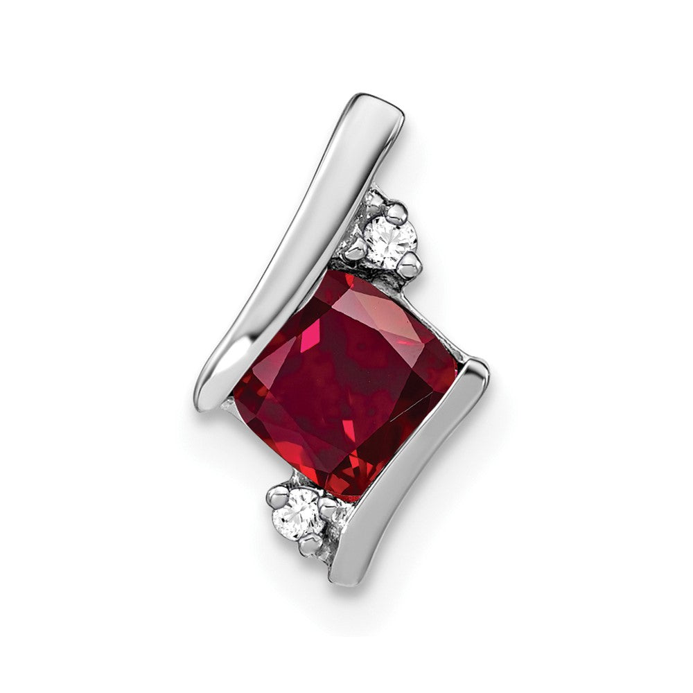 14K White Gold Cushion Cr. Ruby and Diamond Chain Slide