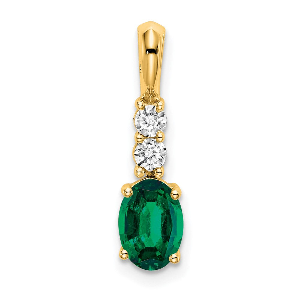14K Yellow Gold Oval Created Emerald and Diamond Pendant