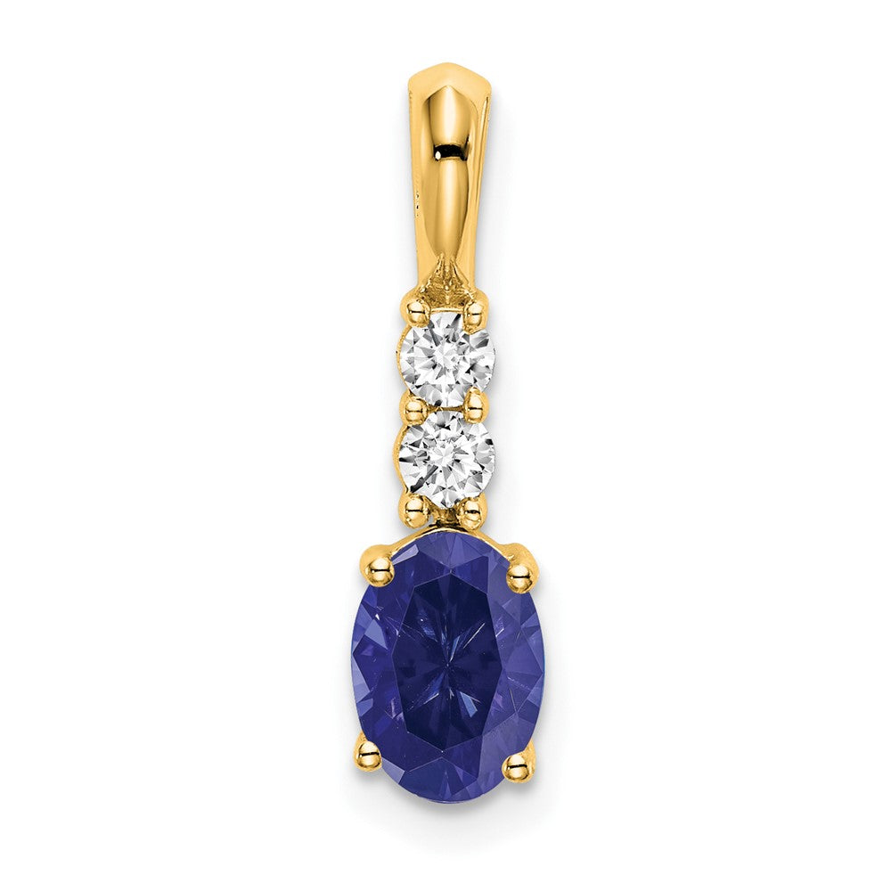14K Yellow Gold Oval Created Sapphire and Diamond Pendant