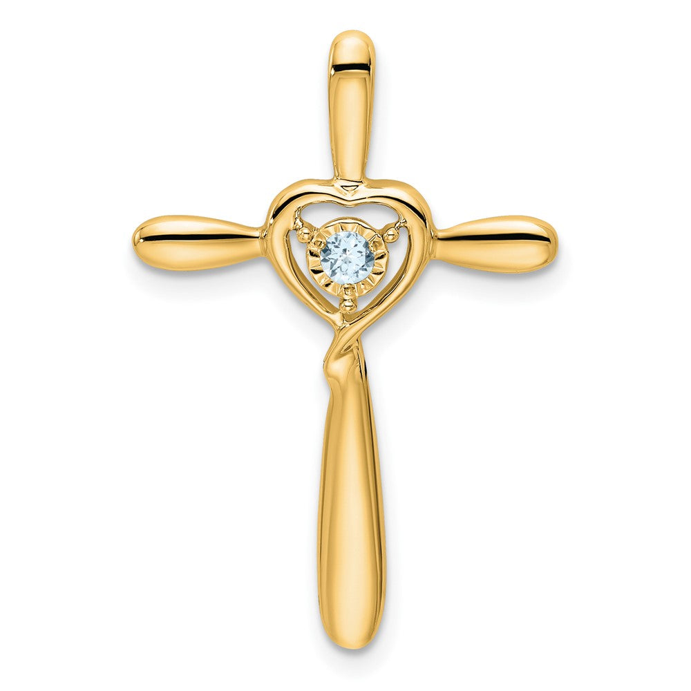 14K Yellow Gold Aquamarine Cross W/heart Chain Slide