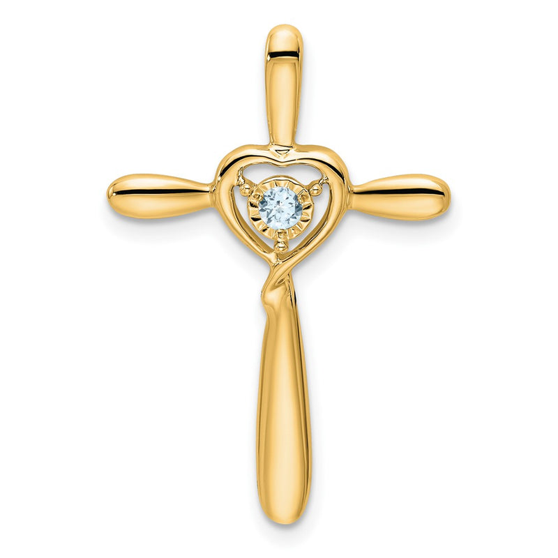 14K Yellow Gold Aquamarine Cross W/heart Chain Slide