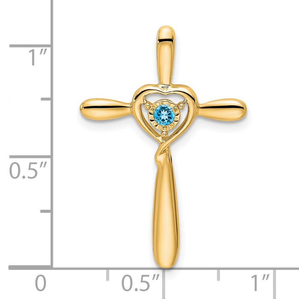 14K Yellow Gold Blue Topaz Cross W/heart Chain Slide