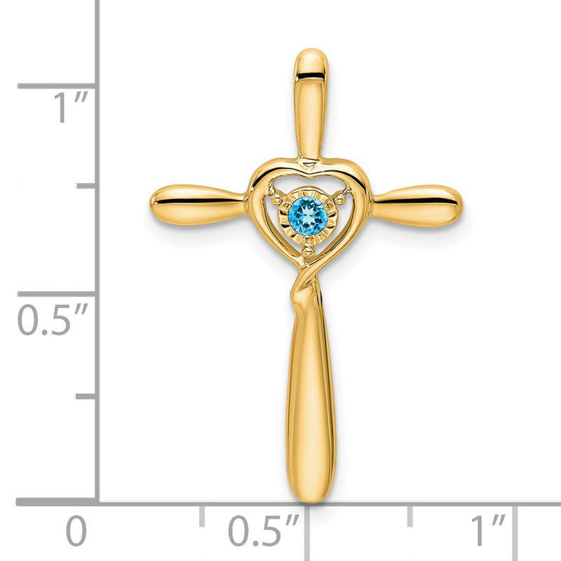 14K Yellow Gold Blue Topaz Cross W/heart Chain Slide