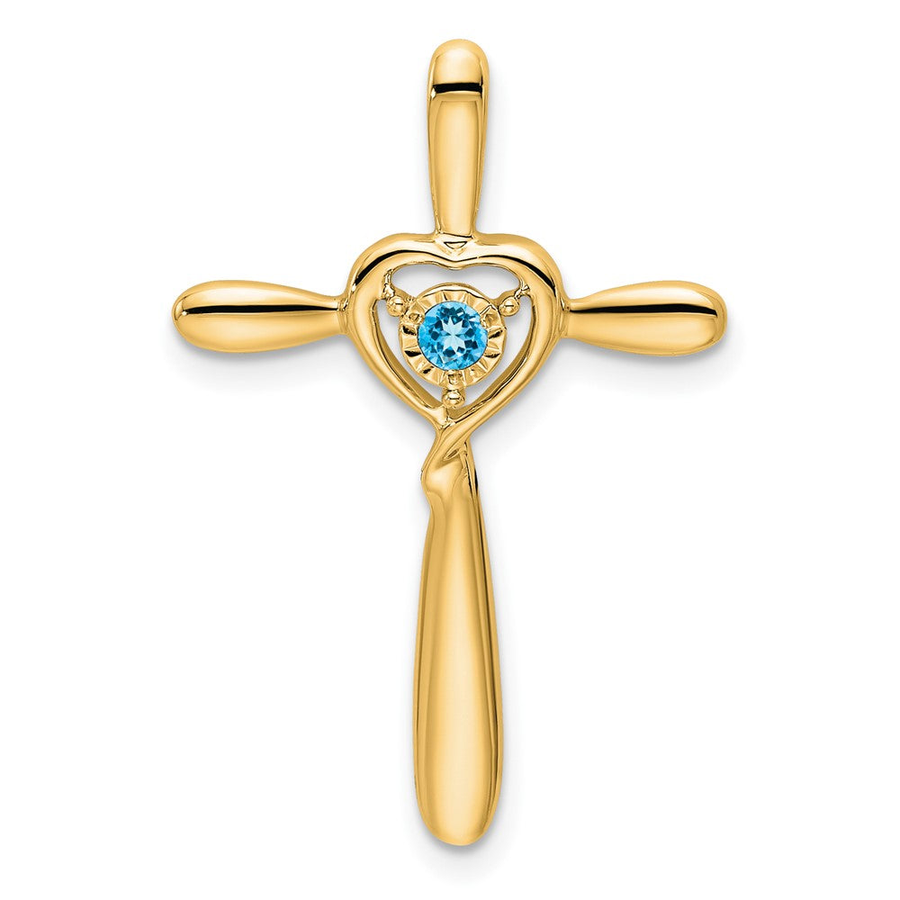 14K Yellow Gold Blue Topaz Cross W/heart Chain Slide