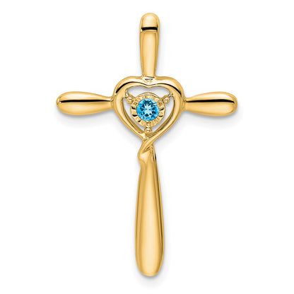 14K Yellow Gold Blue Topaz Cross W/heart Chain Slide