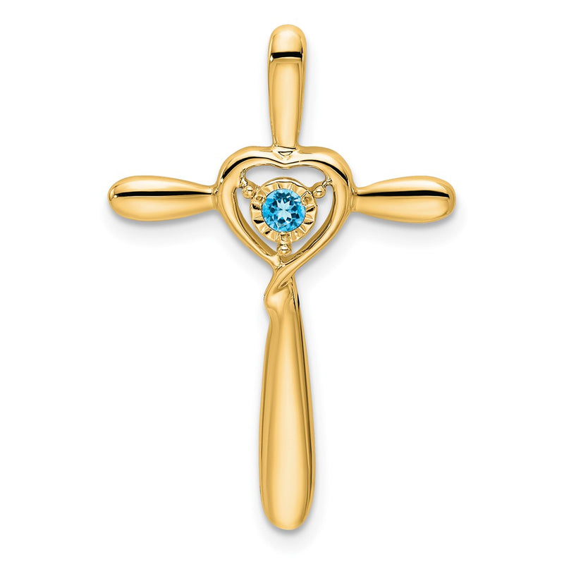 14K Yellow Gold Blue Topaz Cross W/heart Chain Slide