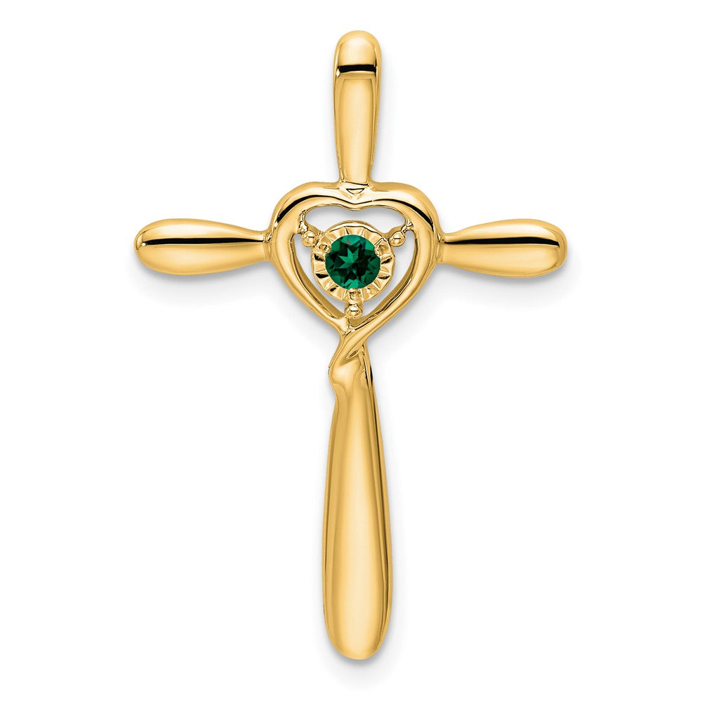 14K Yellow Gold Created Emerald Cross W/heart Chain Slide
