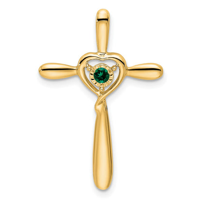 14K Yellow Gold Created Emerald Cross W/heart Chain Slide