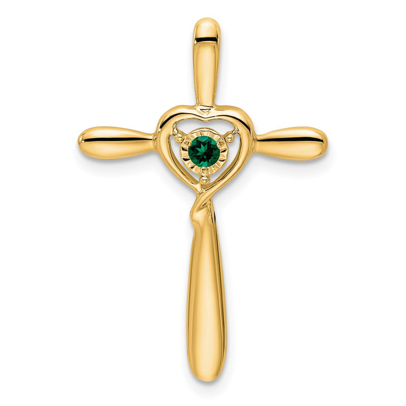 14K Yellow Gold Created Emerald Cross W/heart Chain Slide