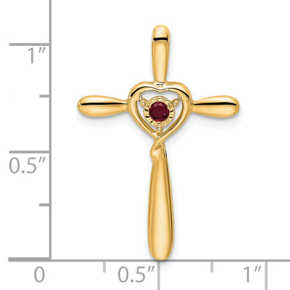 14K Yellow Gold Created Ruby Cross W/heart Chain Slide