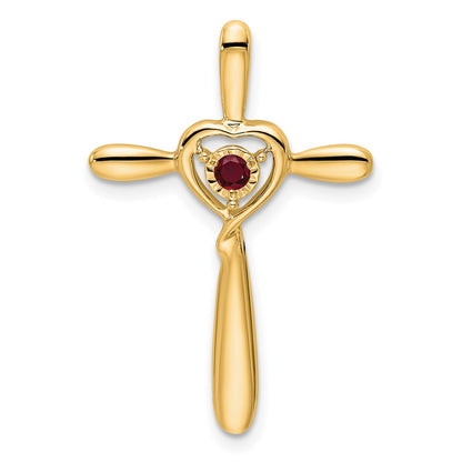 14K Yellow Gold Created Ruby Cross W/heart Chain Slide