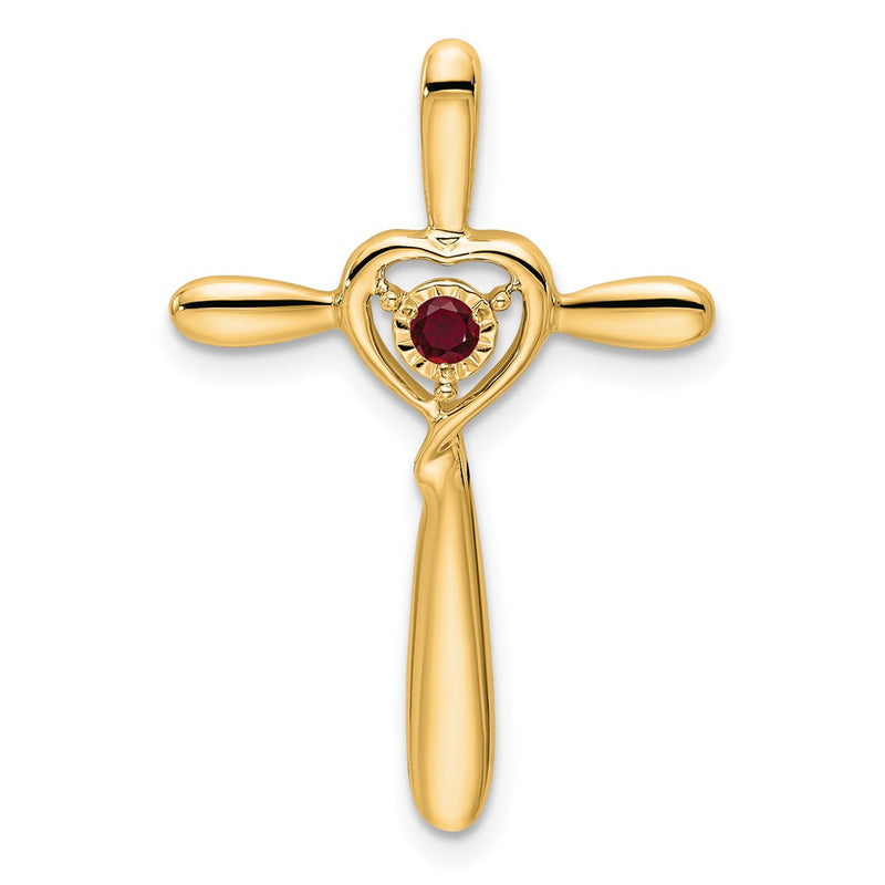 14K Yellow Gold Created Ruby Cross W/heart Chain Slide