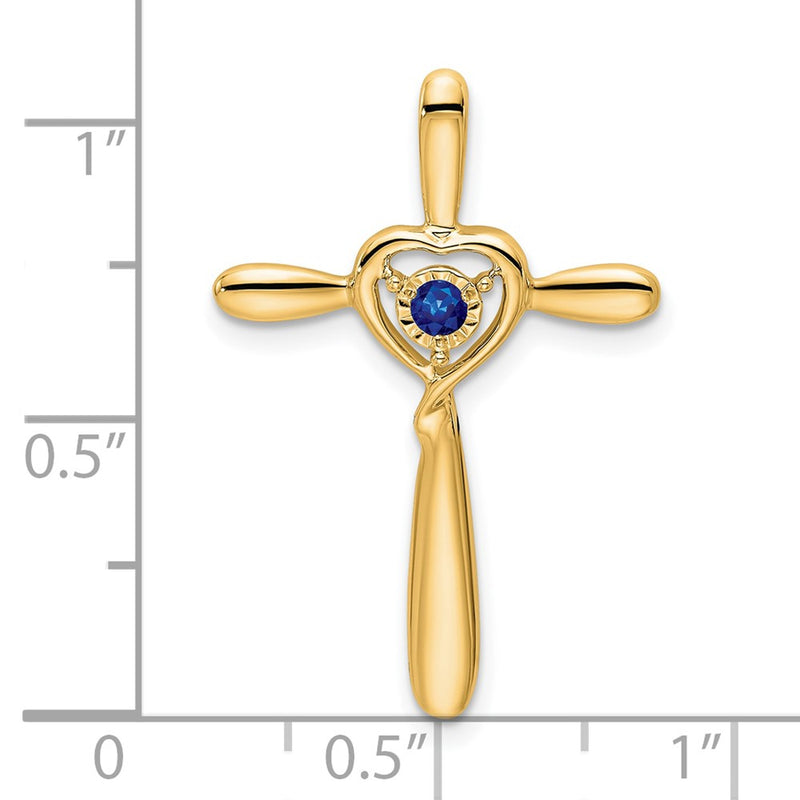 14K Yellow Gold Created Sapphire Cross W/heart Chain Slide