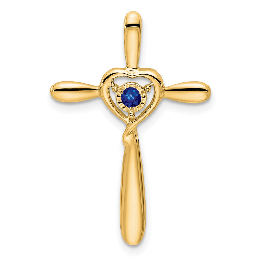 14K Yellow Gold Created Sapphire Cross W/heart Chain Slide