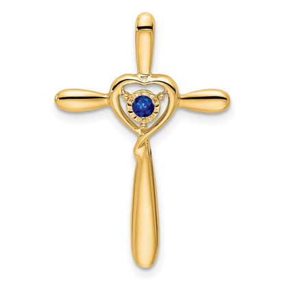 14K Yellow Gold Created Sapphire Cross W/heart Chain Slide