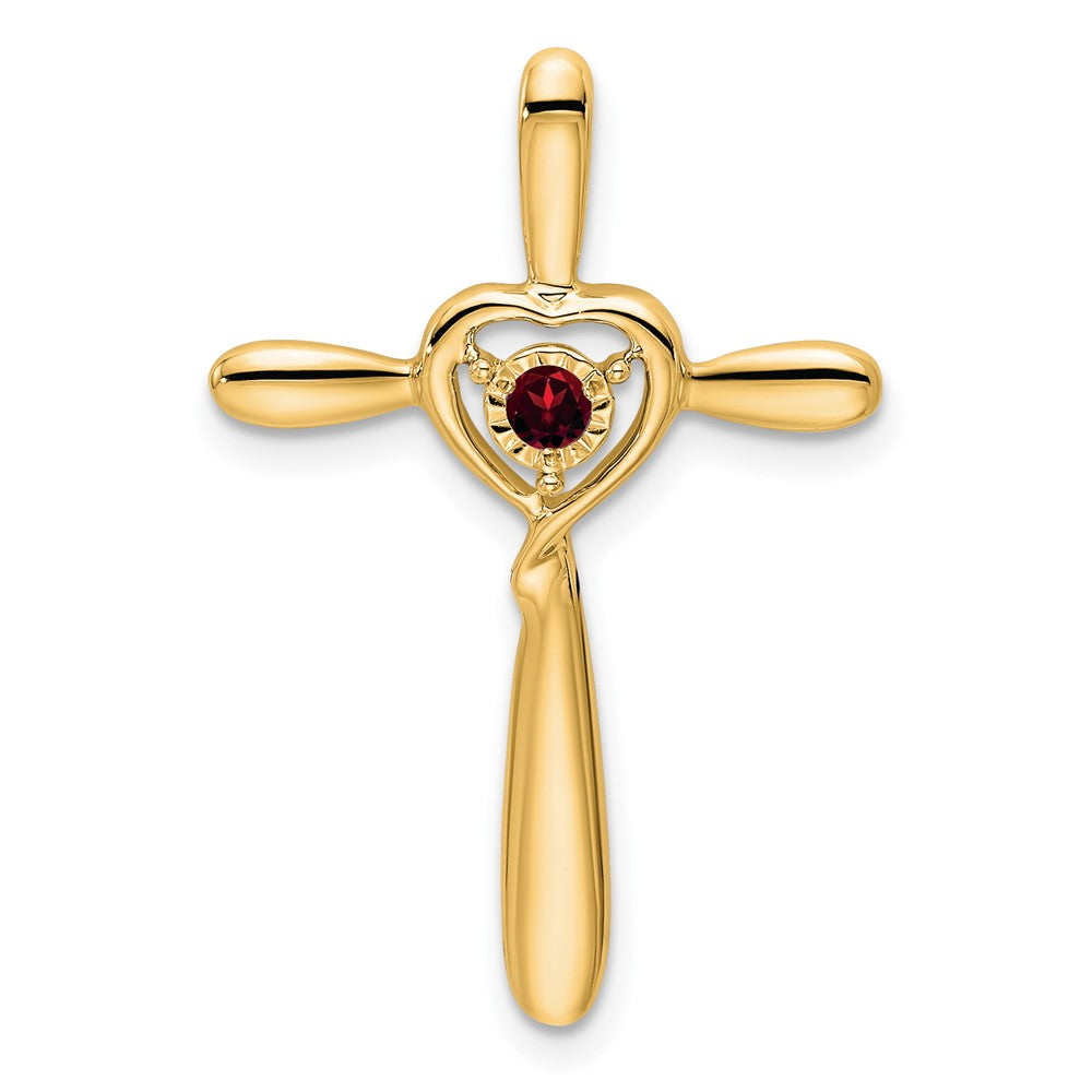 14K Yellow Gold Garnet Cross W/heart Chain Slide