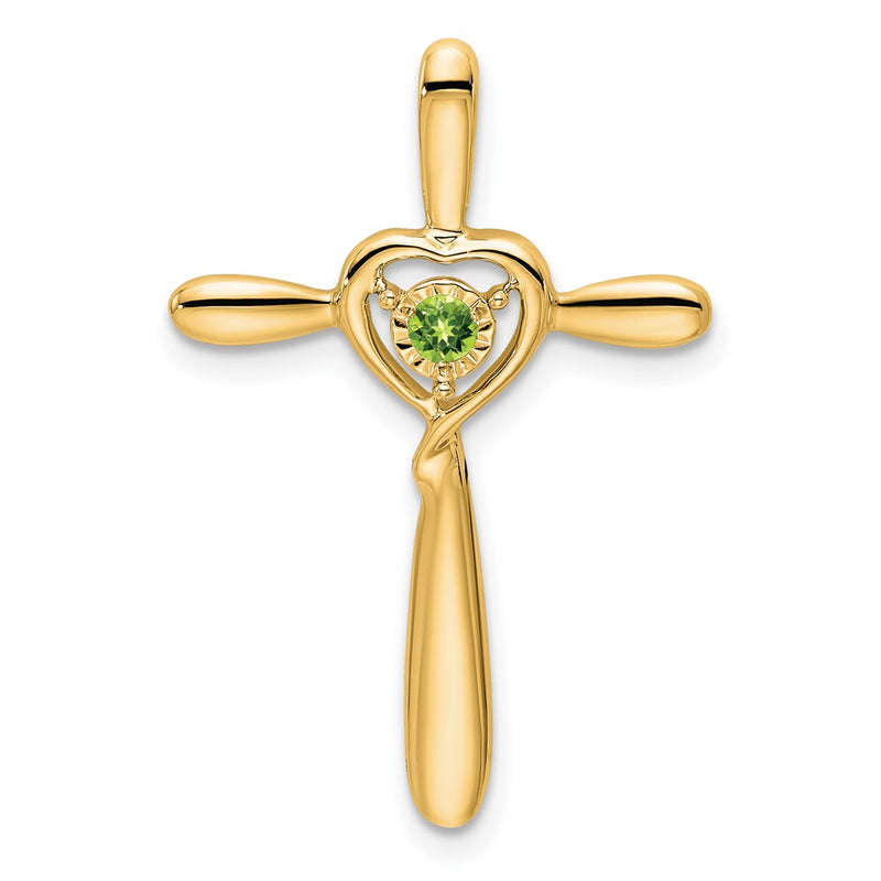 14K Yellow Gold Peridot Cross W/heart Chain Slide