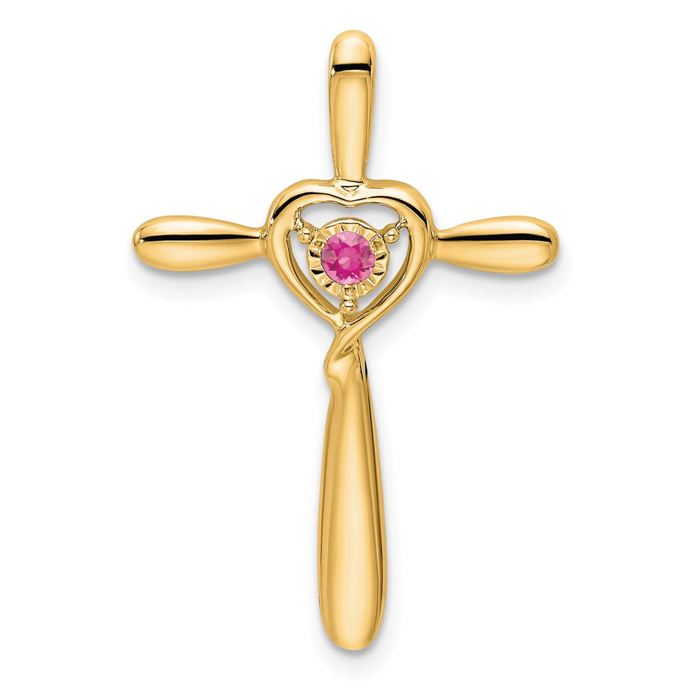 14K Yellow Gold Pink Tourmaline Cross W/heart Chain Slide
