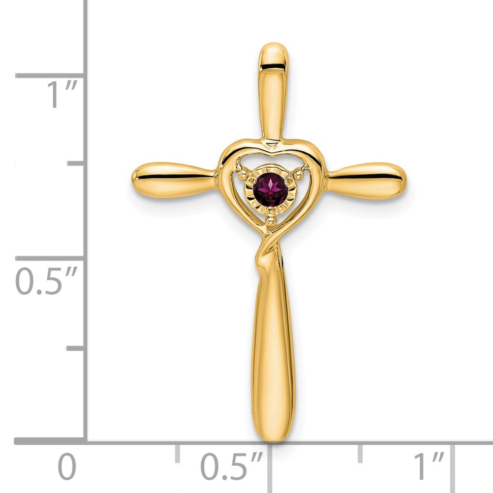 14K Yellow Gold Rhodolite Garnet Cross W/heart Chain Slide