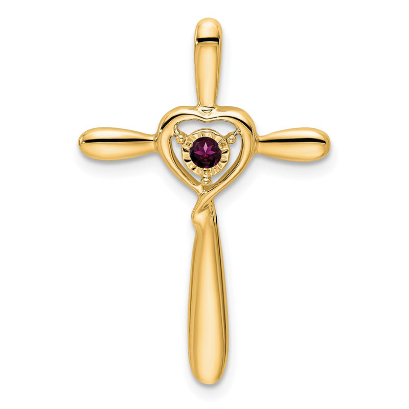 14K Yellow Gold Rhodolite Garnet Cross W/heart Chain Slide