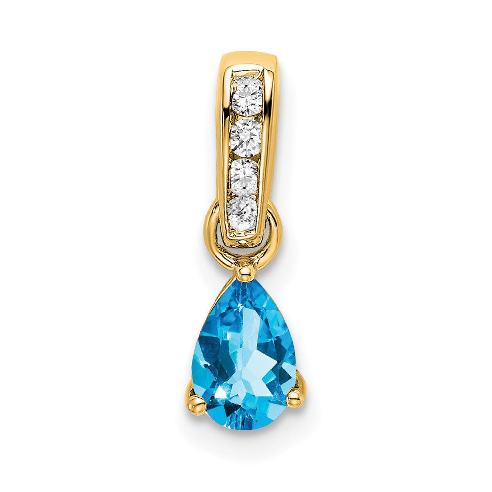 14K Yellow Gold Pear Blue Topaz and Diamond Pendant