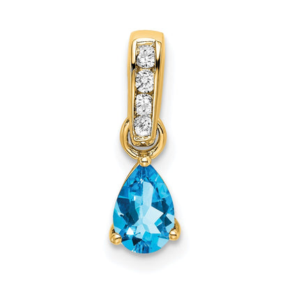 14K Yellow Gold Pear Blue Topaz and Diamond Pendant