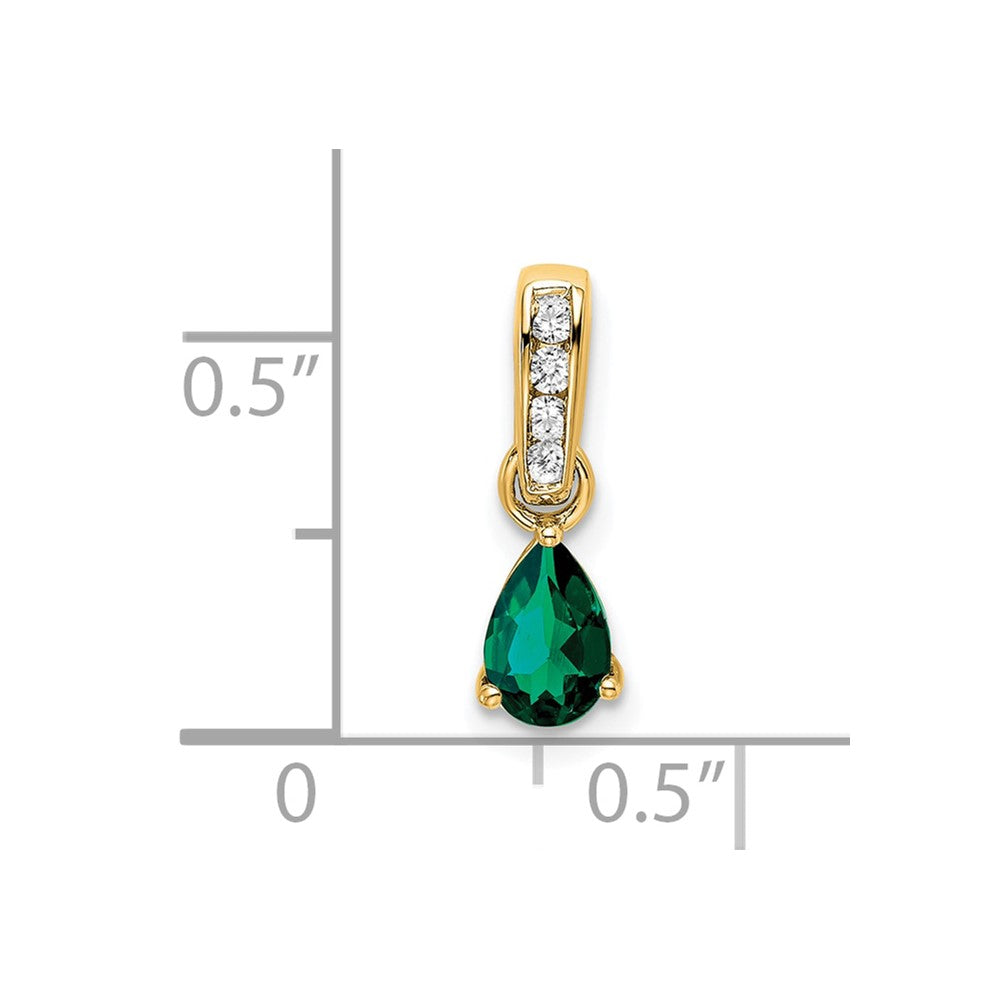 14K Yellow Gold Pear Created Emerald and Diamond Pendant