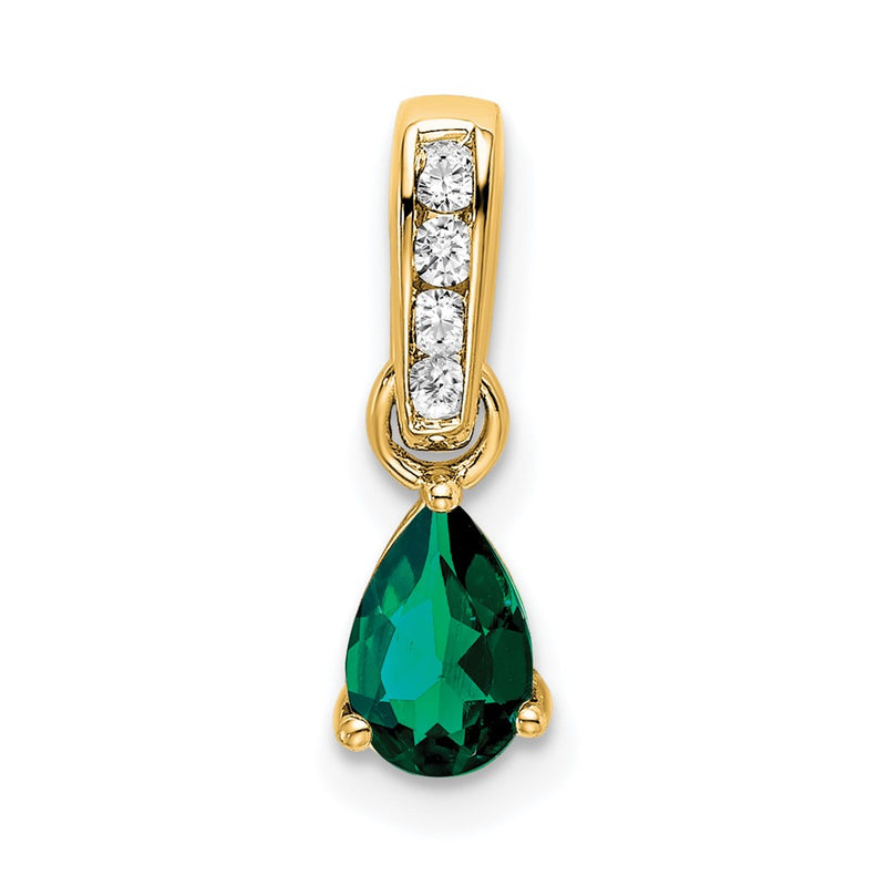 14K Yellow Gold Pear Created Emerald and Diamond Pendant