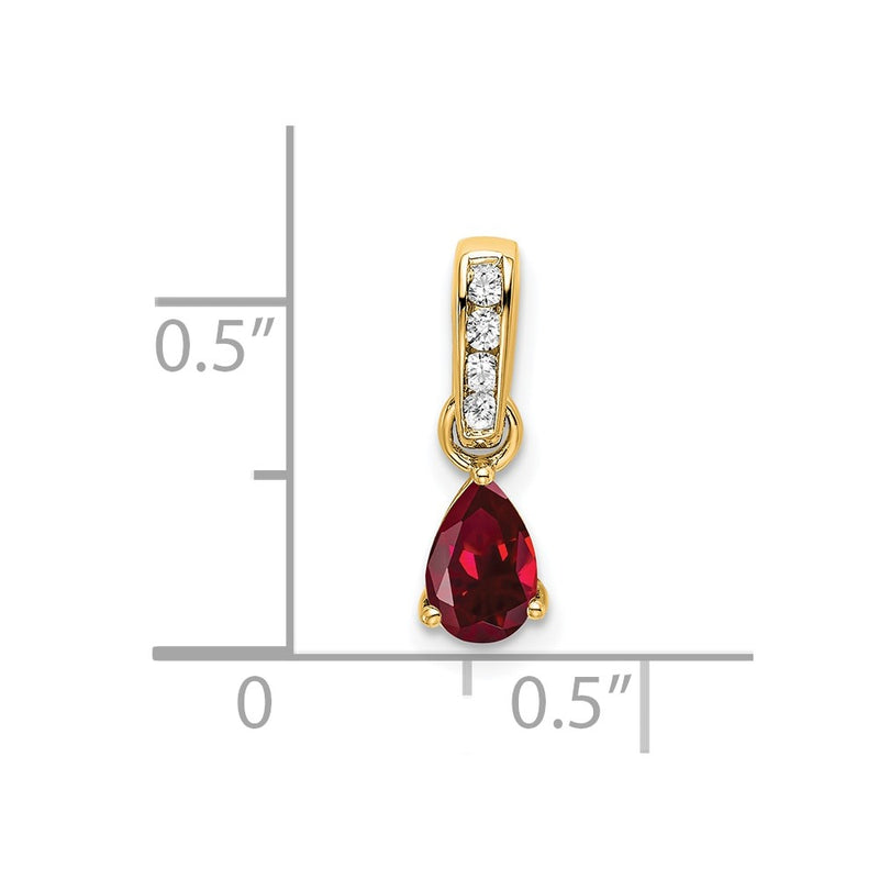 14K Yellow Gold Pear Created Ruby and Diamond Pendant