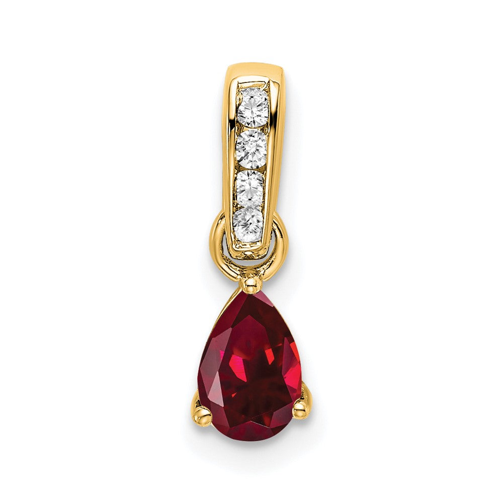 14K Yellow Gold Pear Created Ruby and Diamond Pendant