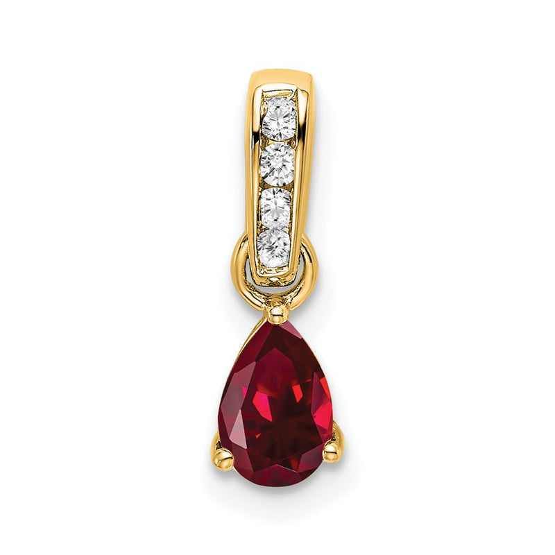 14K Yellow Gold Pear Created Ruby and Diamond Pendant
