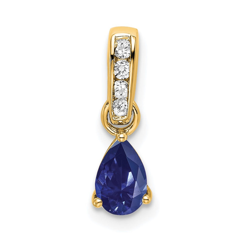 14K Yellow Gold Pear Created Sapphire and Diamond Pendant