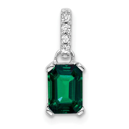 14K White Gold Created Emerald and Diamond Pendant