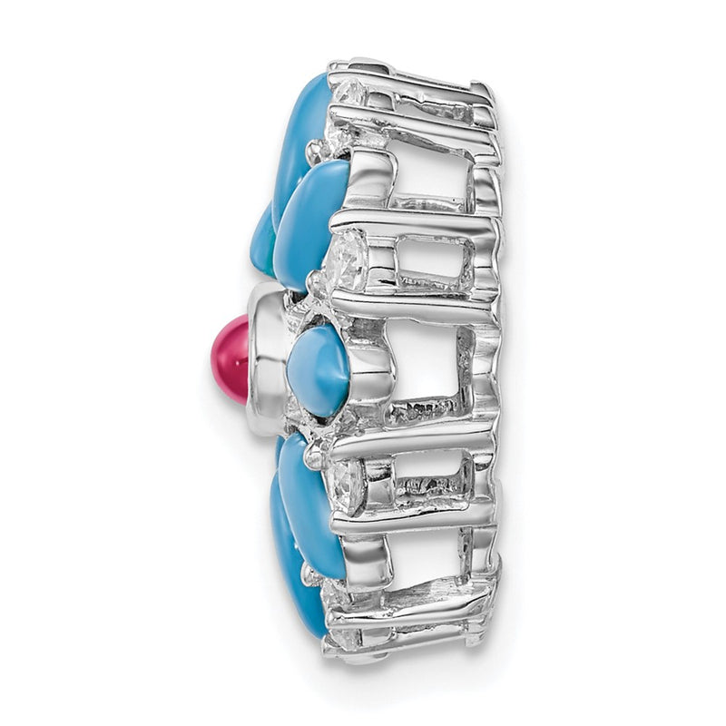 14K White Gold Turquoise/creat. Ruby/white Topaz Floral Chain Slide
