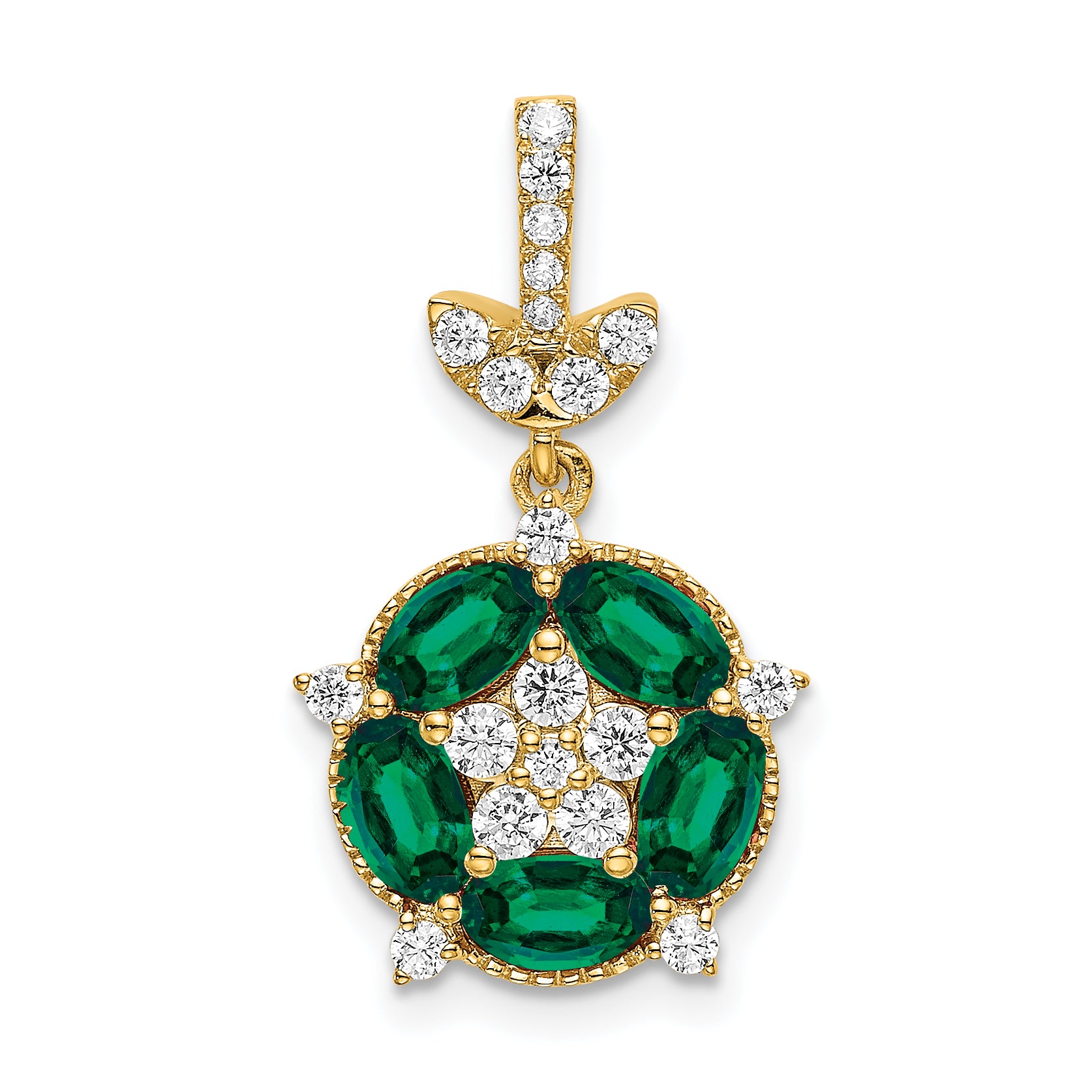 14k Yellow Gold White 1/3 Ct. Lab Grown Diamond VS/SI+ G+ and Lab Created Emerald Floral Pendant