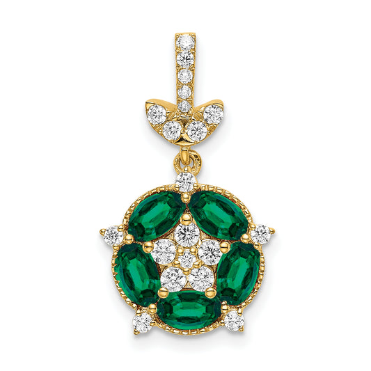 14k Yellow Gold White 1/3 Ct. Lab Grown Diamond VS/SI+ G+ and Lab Created Emerald Floral Pendant