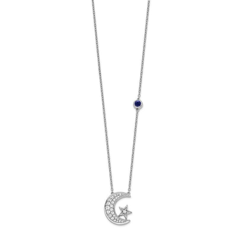 14k White Gold 1/5 Ct. Lab Grown Diamond VS/SI+ G+ Moon and Star with Created Sapphire Accent 18 inch Necklace